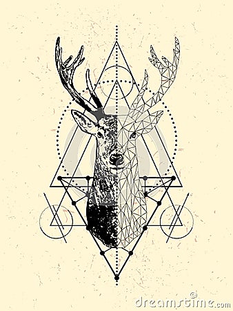 Poligonal deer poster design.Low poly deer head with triangle. Cartoon Illustration