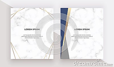 Geometric design cards with blue and gold triangles on the marble texture. Modern templates for wedding invitation, banner, logo, Vector Illustration