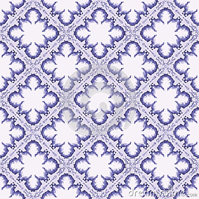 Geometric dye damask medallion motif background. Seamless pattern wax print bleached resist geo. Monochrome purple lilac dip dyed Stock Photo