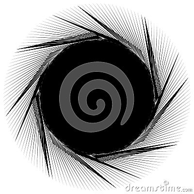 Geometric edgy spiral shape. Swirl, vortex with textured concentric lines. Vector Illustration