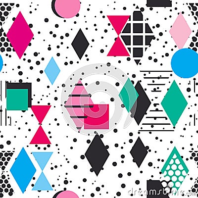 Geometric elements Memphis Postmodern Retro fashion style 80-90s. texture asymmetrical shapes Rhombus triangle Seamless pattern bl Vector Illustration