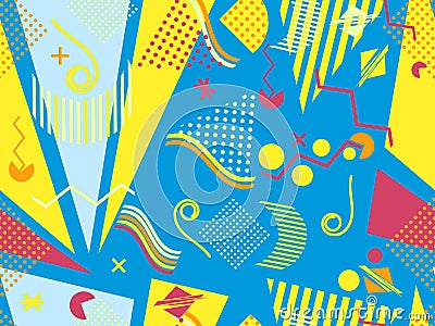 Geometric elements in the Memphis style, colorful geometric chaos. Retro 80s style. Vector Vector Illustration