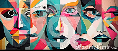 Geometric Faces with Colorful Shapes and Eyes in Conceptual-Coll Style for Posters and Web. Stock Photo