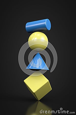 Geometric figures cube, cone, sphere and cylinder balance on each other. Unstable equilibrium Stock Photo