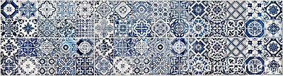 Geometric and floral azulejo tile mosaic pattern. Portuguese or Spanish retro old wall tiles. Seamless navy blue background. Stock Photo