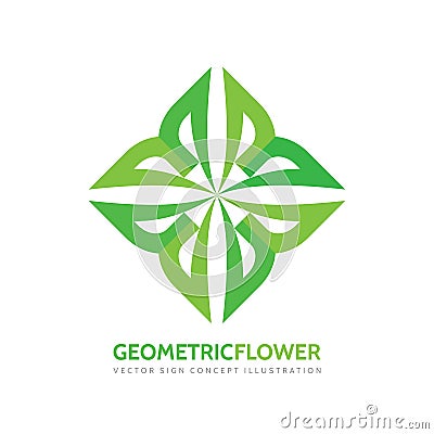 Geometric flower - vector logo template concept illustration. Green leaves creative sign. Organic product symbol. Abstract cross. Vector Illustration