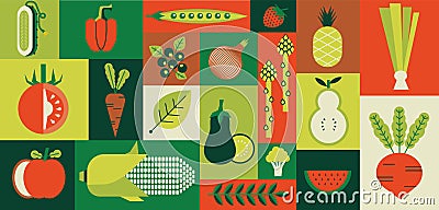 Geometric food. Abstract organic farm vegetables and fruits. Banner with healthy vegan meal. Strawberry or tomato Vector Illustration