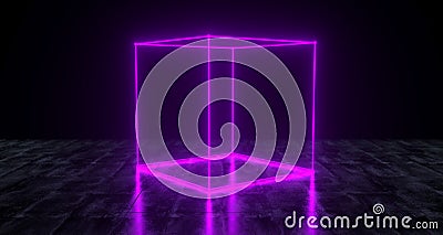 Geometric Futuristic Sci-fi Neon Primitive Cube Light On Dark Gr Stock Photo