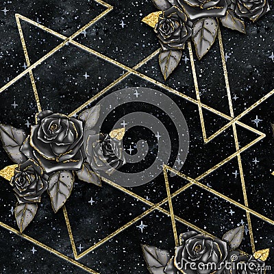 GEOMETRIC GALAXY BACKGROUND WITH BLACK ROSES SEAMLESS PATTERN Stock Photo