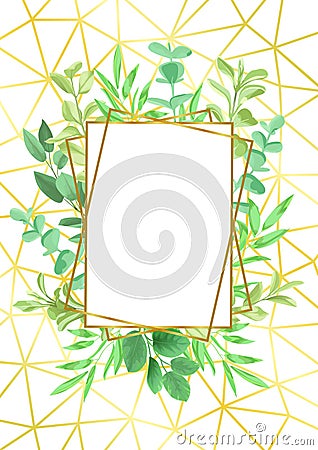 Gold Geometric Frame and Greenery Vector Illustration