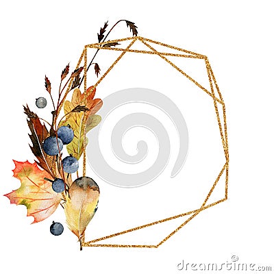 Geometric golden frame with watercolor autumn tree leaves, forest berries and feathers Cartoon Illustration