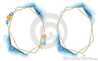 Geometric golden frame with watercolor blue spots and gems. Stock Photo