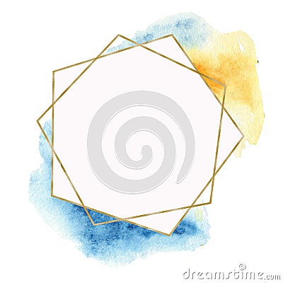 Geometric golden frame with watercolor blue spots and gems. Stock Photo