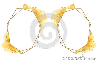 Geometric golden frame with watercolor blue spots and gems. Stock Photo