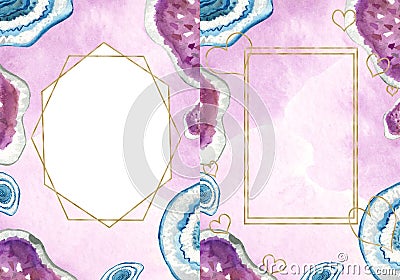 Geometric golden frame with watercolor mauve stains and mats. Stock Photo