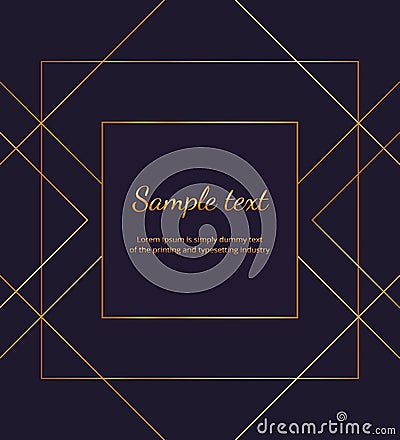 Geometric golden lines on the dark blue background. Modern minimalist luxury placard, frame design. Template for invitation, card, Vector Illustration