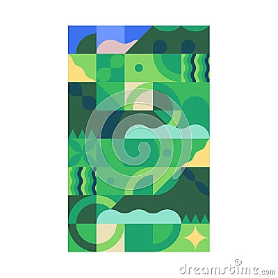 Geometric green landscape poster. Summer meadow, field in cubist art style for background. Round and squared shapes on Vector Illustration