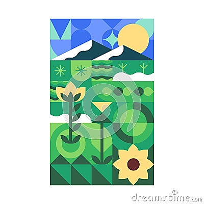 Geometric green landscape poster. Summer meadow, field with flowers in cubist art style. Sunflower, grass on card Vector Illustration