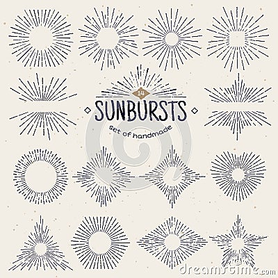 Geometric hand drawn sunburst, sun beams in different forms. Vector Illustration