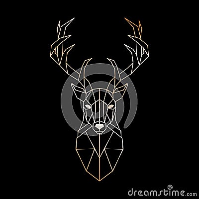 Geometric head of a wild deer. Abstract gold Deer silhouette on black background. Vector Illustration