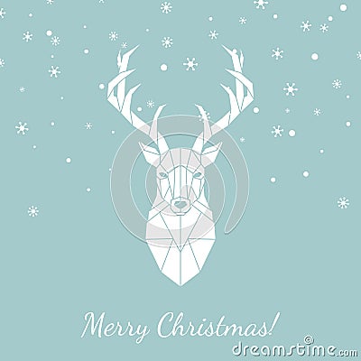 Geometric head of a wild deer. Merry Christmas greeting card with deer and snowflakes. Vector Illustration