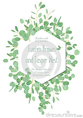 Geometric hexagonal frame for wedding invitation, greeting card, banner, certificate, label with green eucalyptus leaves and bran Vector Illustration