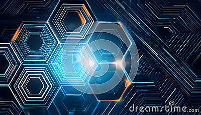 Geometric hi-tech patterns with interconnected hexagons and glowing elements Stock Photo