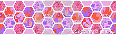 Geometric horizontal seamless border with summer time hexagon shapes. Vector tropical sea relax coral, pink, lilac tiles, beach Vector Illustration