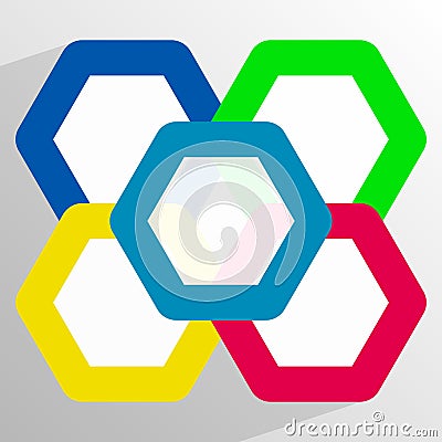 Geometric icon with overlapping hexagons in 5 color Vector Illustration