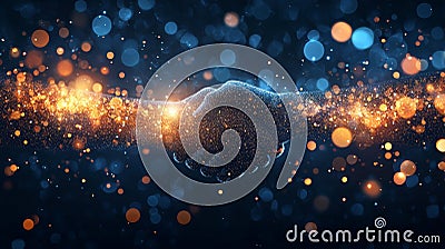 This is a geometric image of two shaking hands, surrounded by sparkling golden dust. The image is comprised of dots and Stock Photo