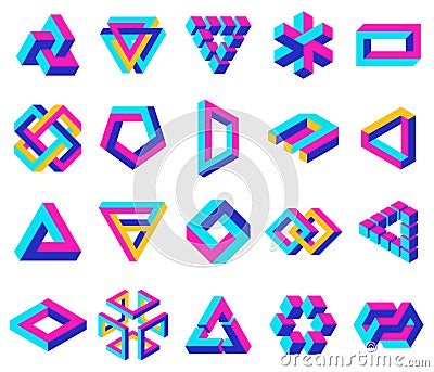 Geometric impossible shapes. Paradox triangle, square and circular figures, optical illusion vector symbols set Vector Illustration