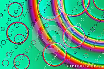 Geometric joyful abstract background. Rainbow circles and arcs on a green background. Stock Photo