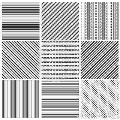 Geometric line pattern set. Parallel streep black diagonal lines patterns vector illustration Vector Illustration