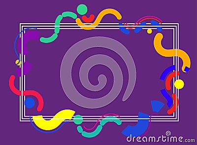 Geometric line white frame with colorful abstract geometric shapes around it on a purple. Vector Illustration