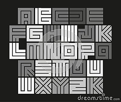 Geometric maze alphabet. Isolated unusual tile letters set, abstract vector white font on black background. Vector Illustration