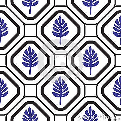 Geometric mediterranean rhombus with leaves seamless tile pattern. Vector Illustration