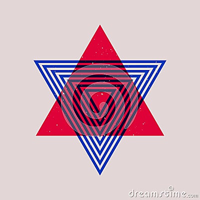 Geometric memphis shapes riso print effect. Minimal abstract triangle duotone overlay elements risograph pattern. Vector Vector Illustration