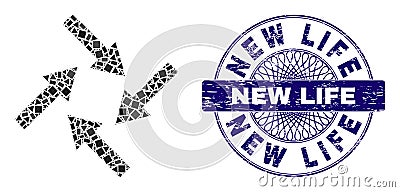 Rubber New Life Stamp and Geometric Centripetal Arrows Mosaic Vector Illustration