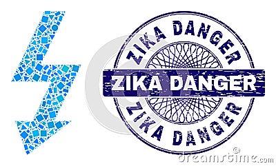 Scratched Zika Danger Stamp Seal and Geometric High Voltage Mosaic Vector Illustration