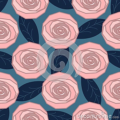 Geometric pastel roses, seamless pattern with roses and leaves Vector Illustration