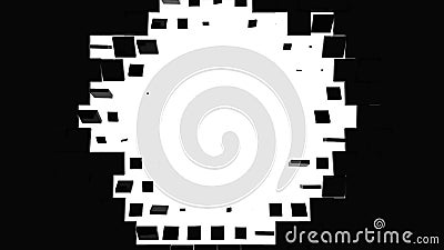 Geometric pattern of 3D rendering swiping black cubes isolated on white background. White round frame place. Computer Stock Photo