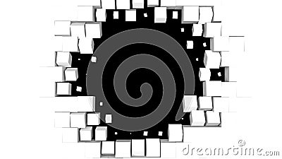 Geometric pattern of 3D rendering swiping white cubes isolated on black background. Black round frame place. Computer Stock Photo