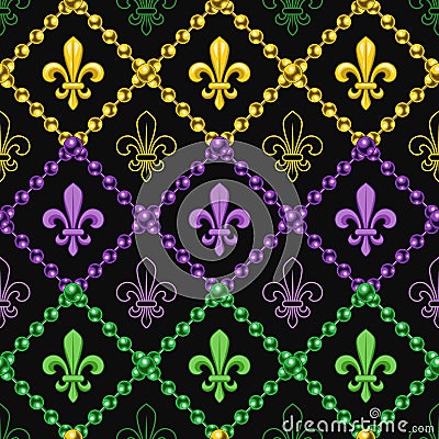 Geometric pattern with fleur de lis. Diagonal square grid with string of beads Vector Illustration