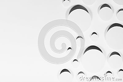 Geometric pattern of white circles in hard light with strict black contrast shadows in random, border, copy space, top view. Stock Photo