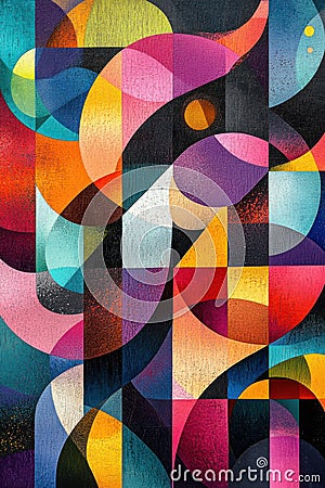 Geometric Patterns, A colorful arrangement of geometric shapes and patterns, featuring dynamic intersections and vibrant design Stock Photo