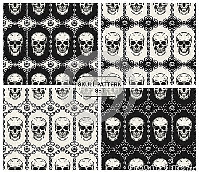 Geometric patterns with human skulls, steel chains Vector Illustration