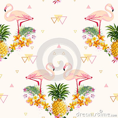 Geometric Pineapple and Flamingo Background Vector Illustration