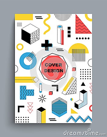Geometric poster. Minimal style geometric Memphis figures, different simple colorful shapes. Frame with copy space for Vector Illustration