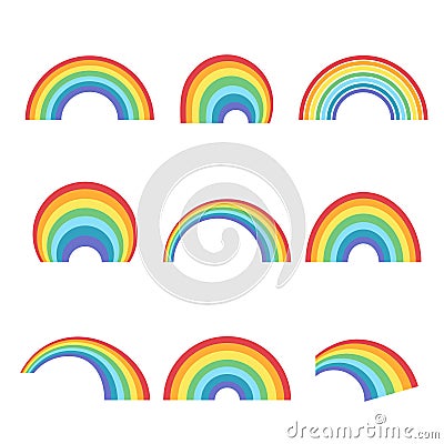 Geometric rainbow shapes set. Colorful curves natural color arc with creative spectrum decorative phenomenon after rain Vector Illustration