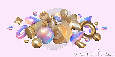 Geometric render background. Abstract holographic or metallic elements. Realistic 3D square and round shapes composition Vector Illustration